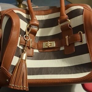 Brown and White Striped Women's Handbag